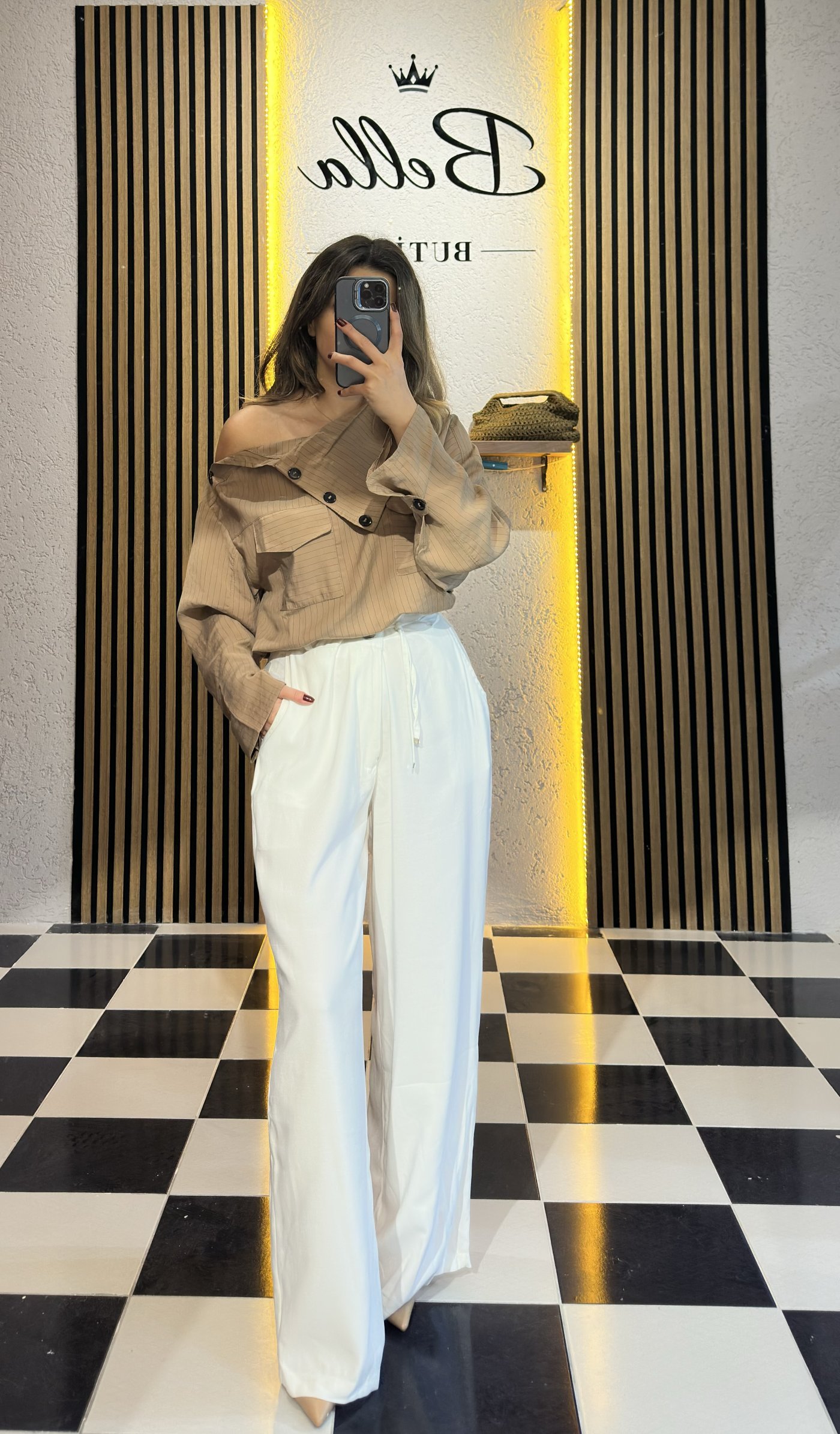 Çizgili Düşük Omuz kahve Gömlek