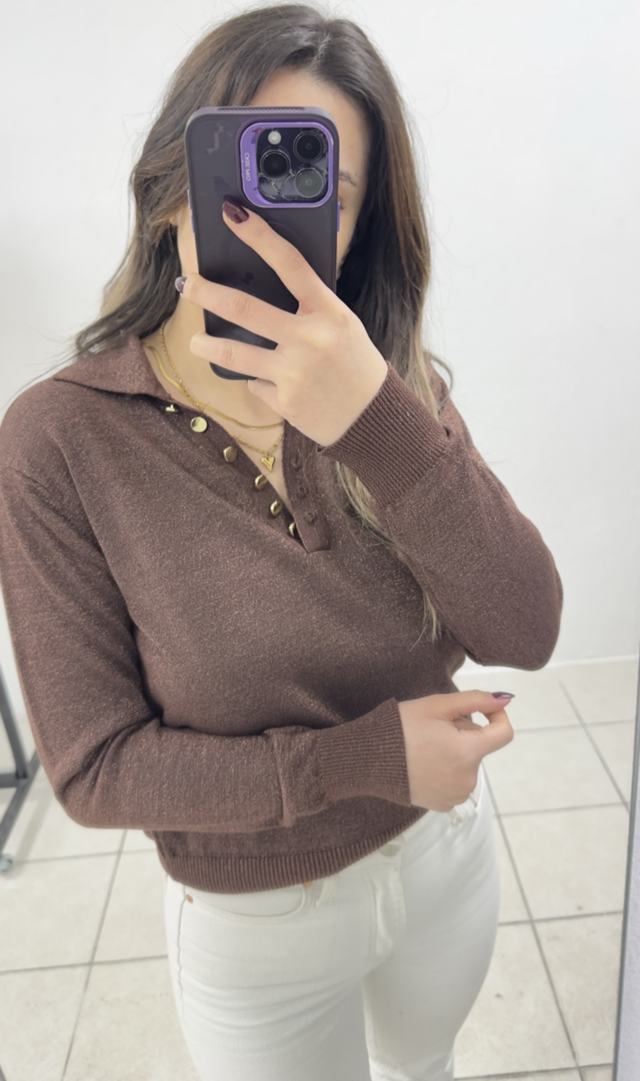 Düğme Detaylı Simli Triko Bluz – Kahve