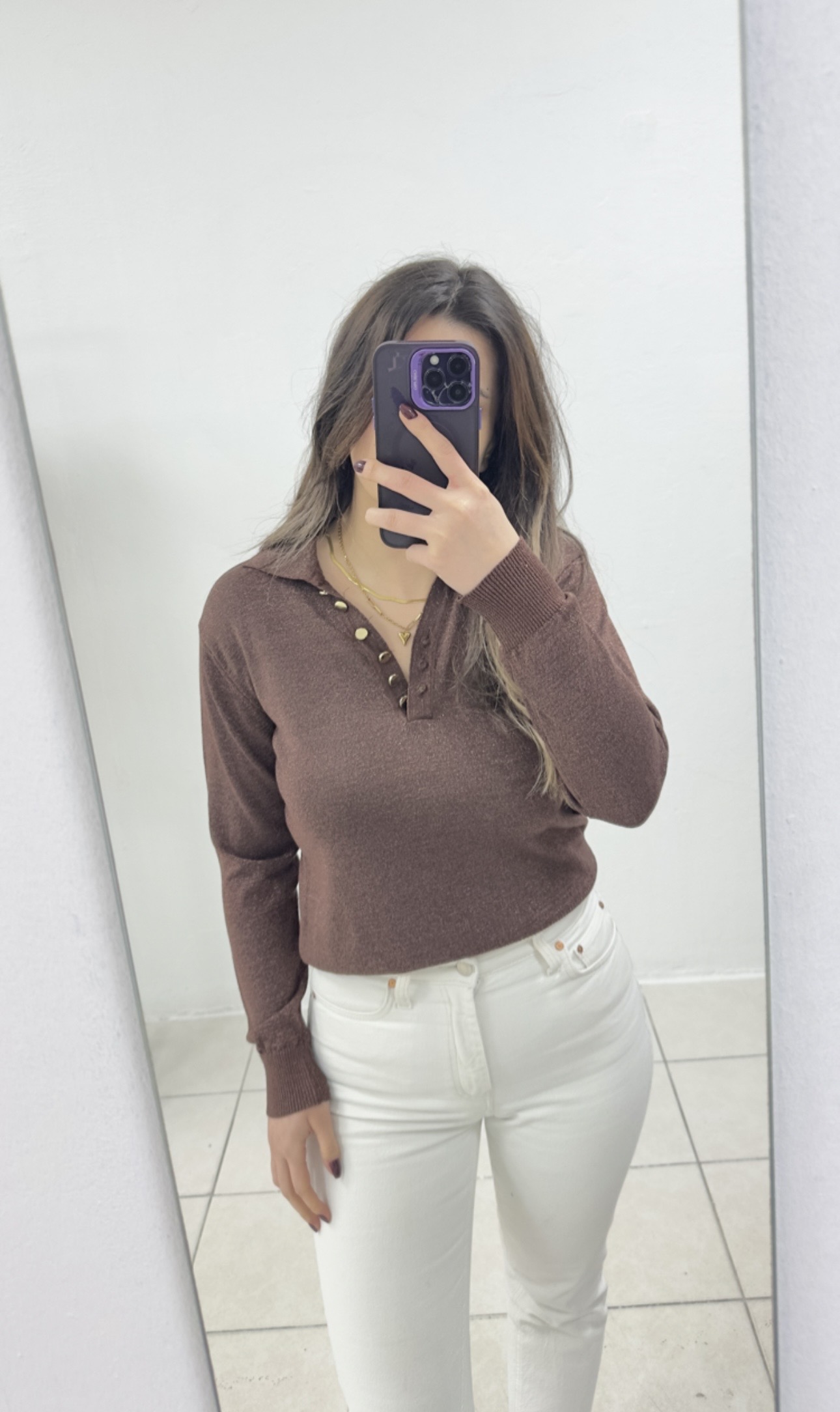 Düğme Detaylı Simli Triko Bluz – Kahve