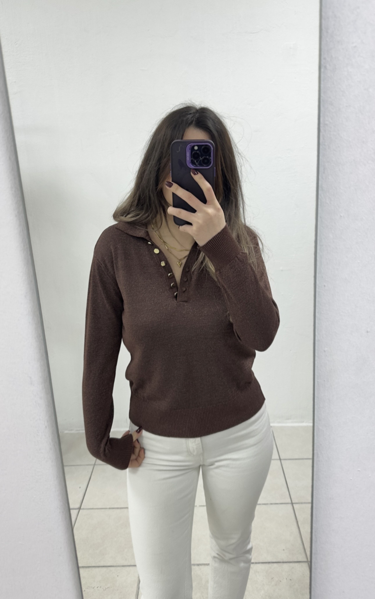 Düğme Detaylı Simli Triko Bluz – Kahve