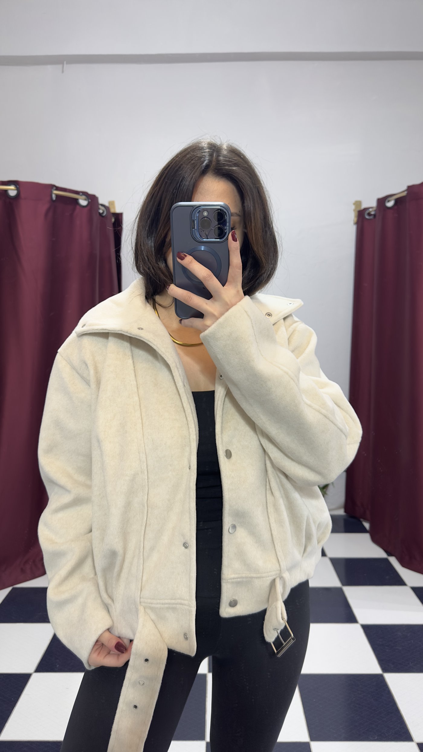 Ekru Oversize Kaşe Bomber Ceket