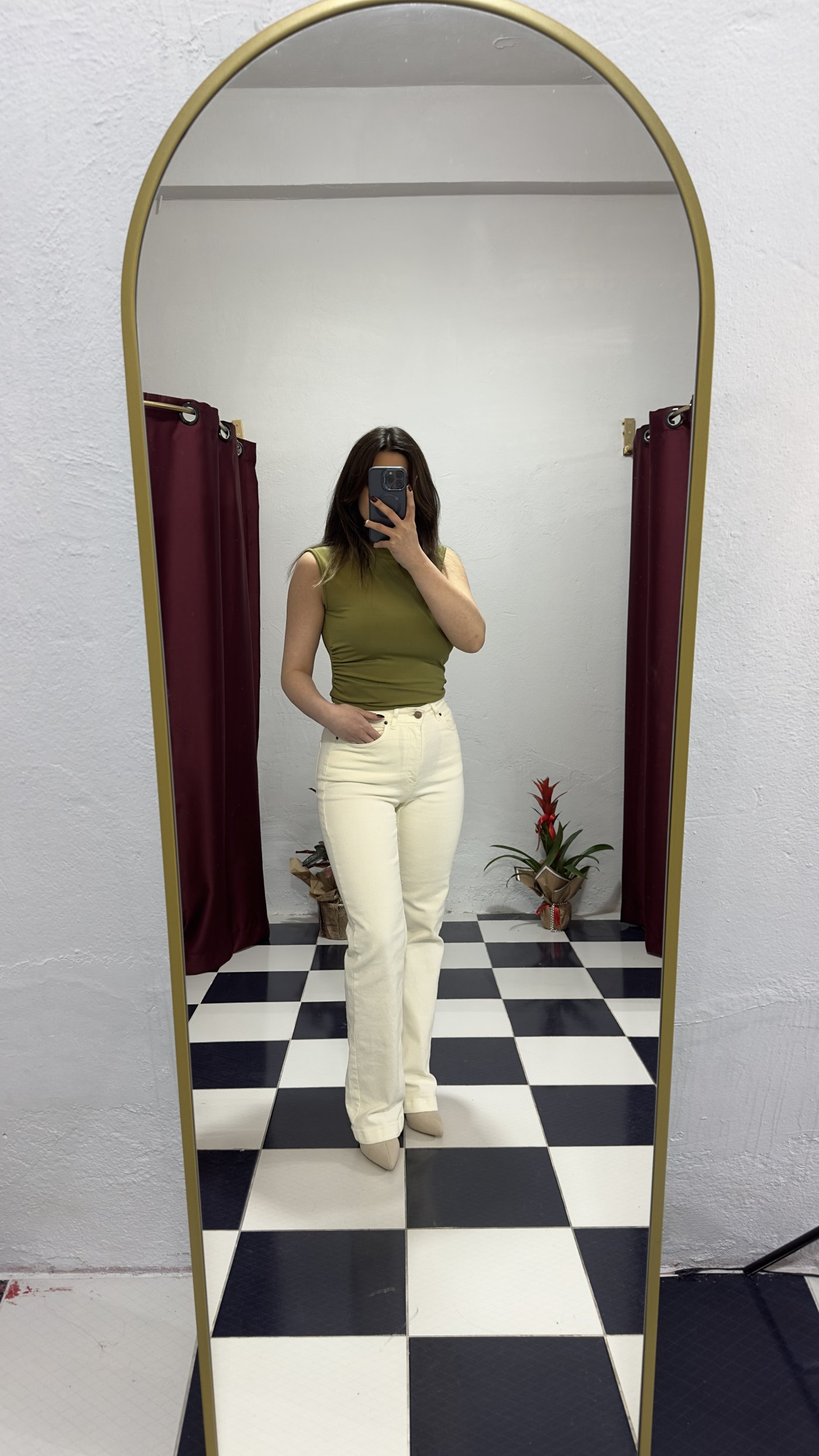 Ekru Yüksek Bel Straight Jean