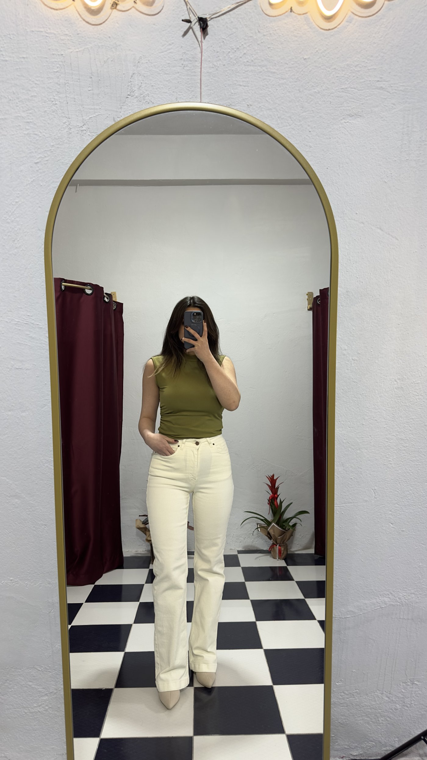 Ekru Yüksek Bel Straight Jean