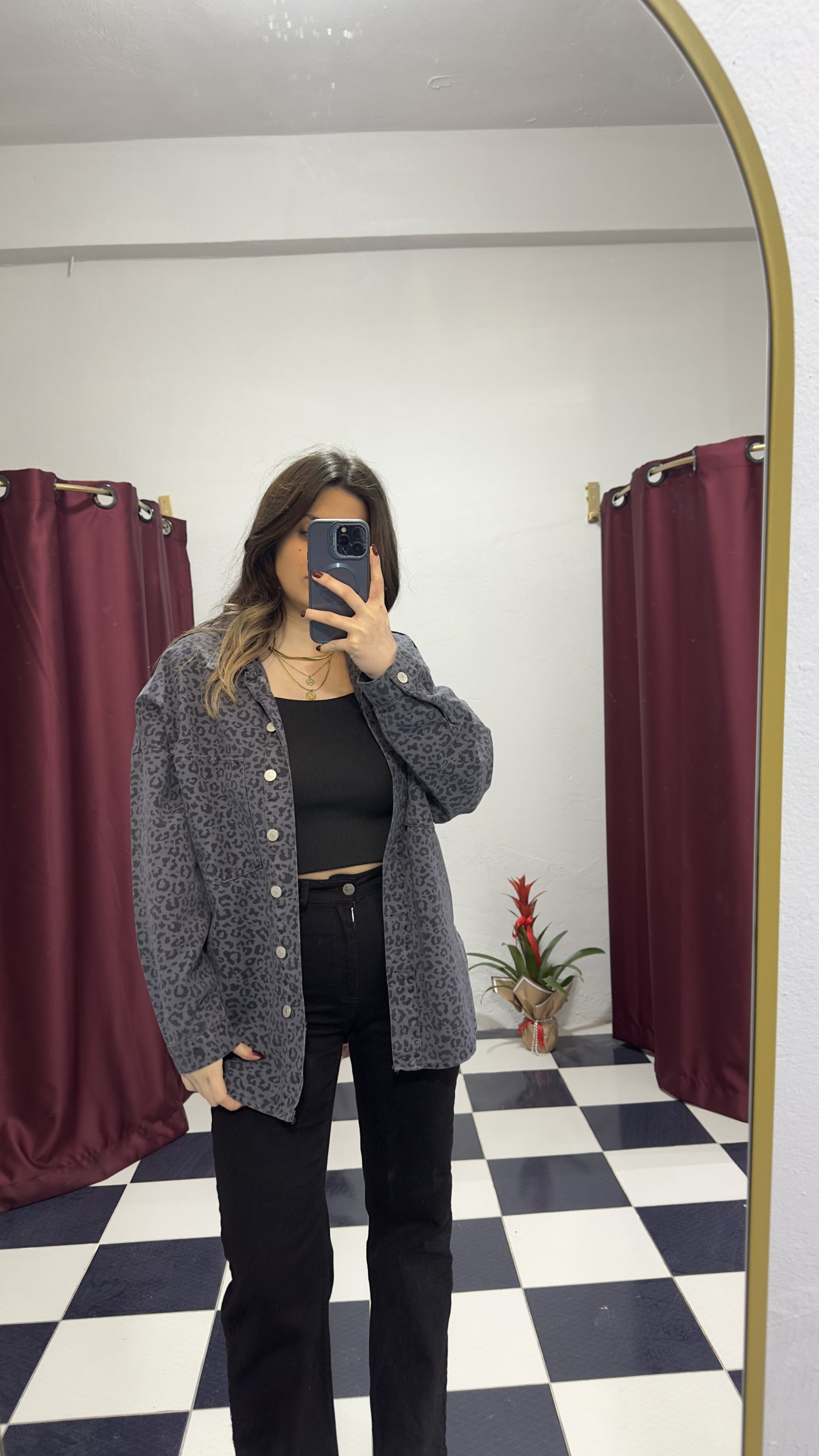 Füme Leopar Desen Oversize Gömlek Ceket