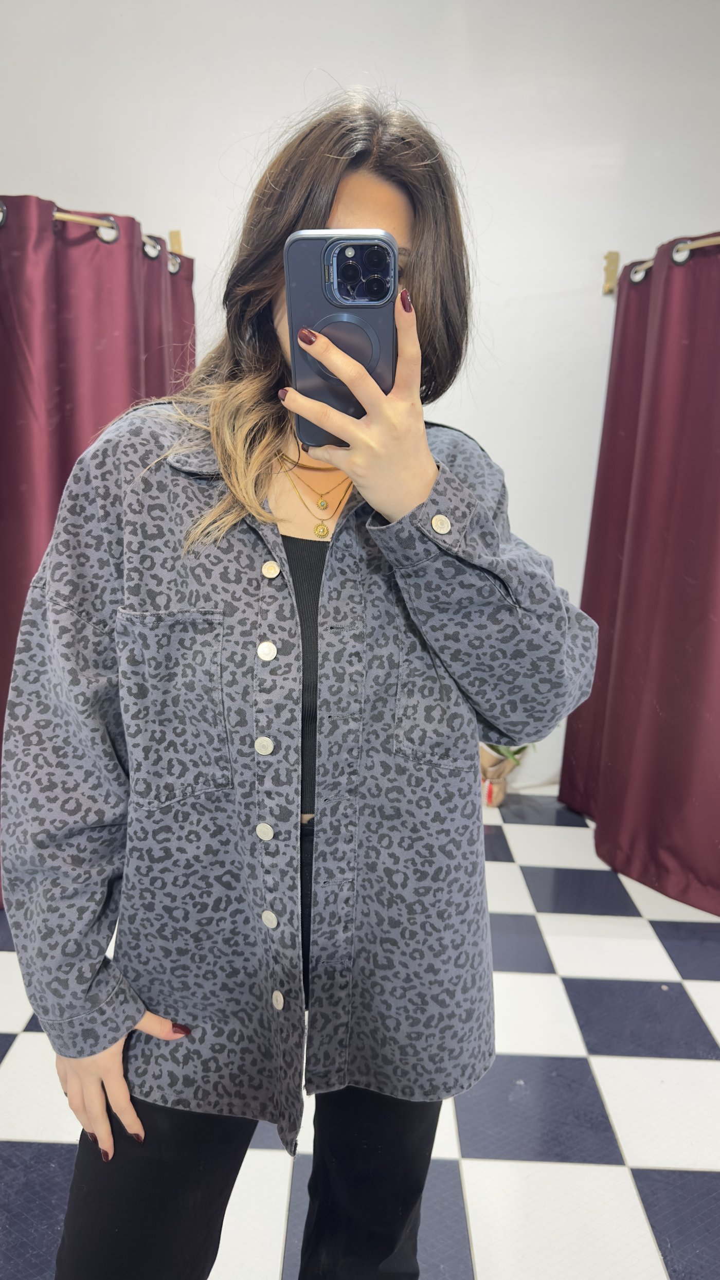 Füme Leopar Desen Oversize Gömlek Ceket