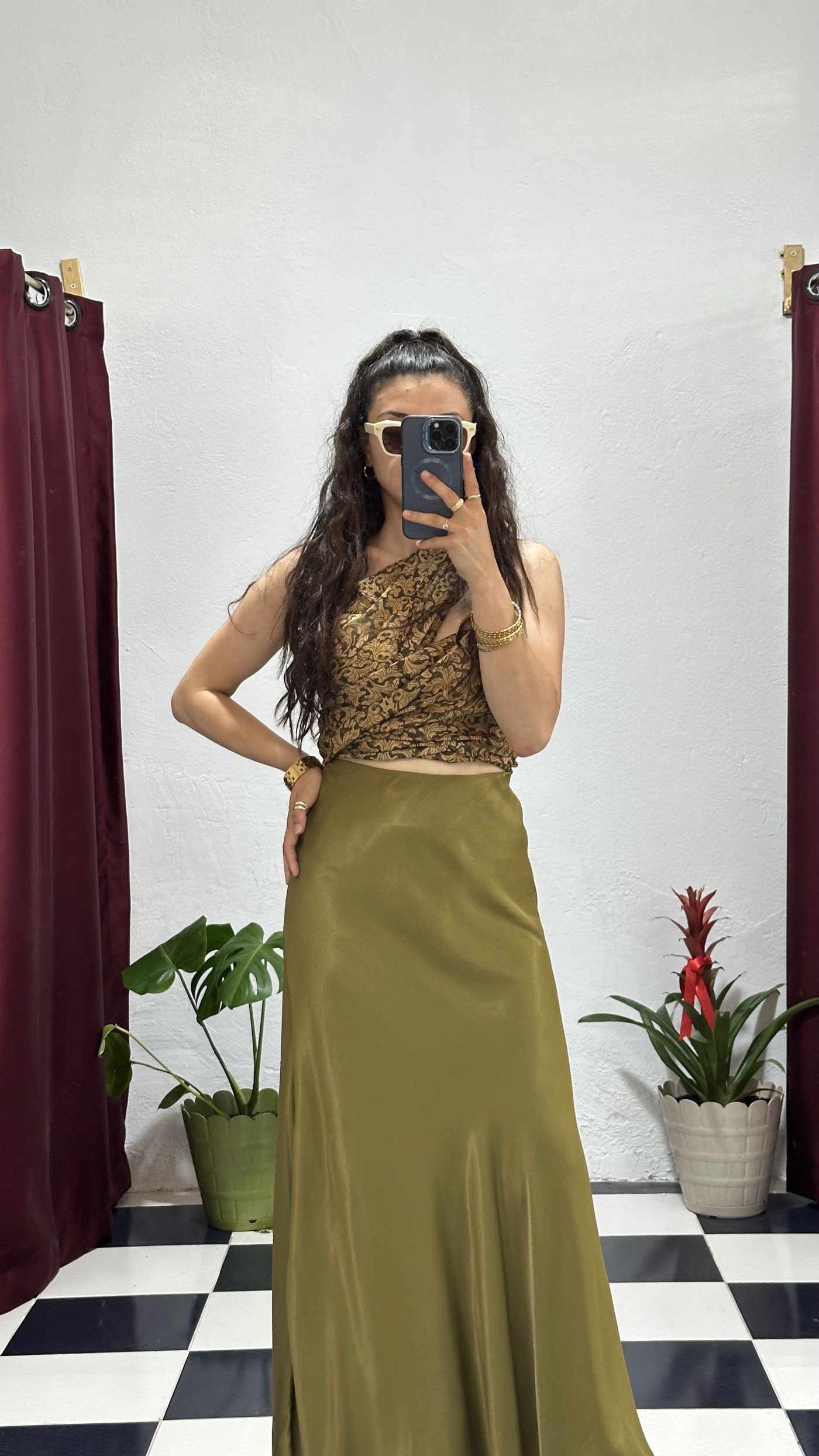 Haki Saten Maxi Etek