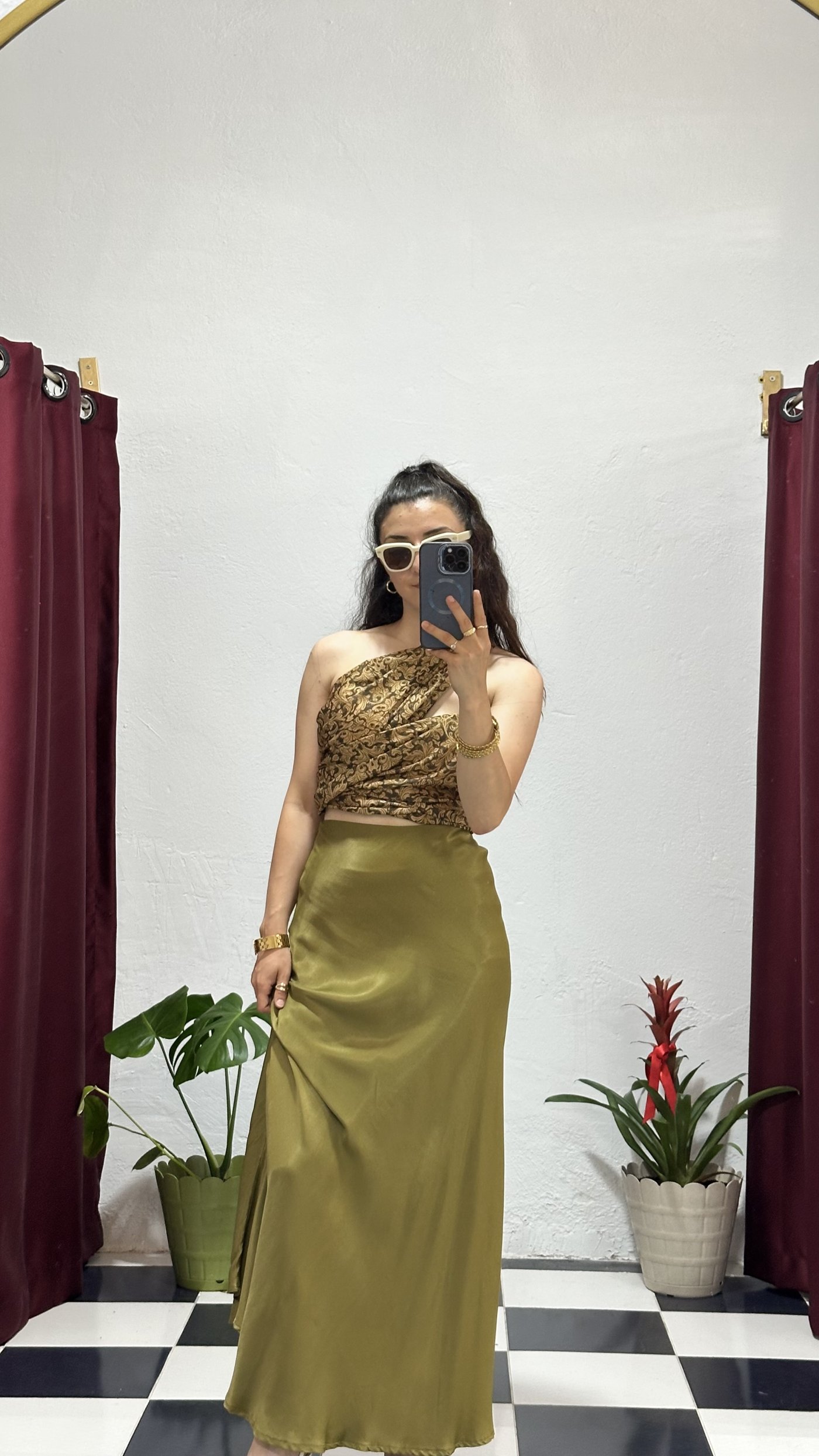 Haki Saten Maxi Etek