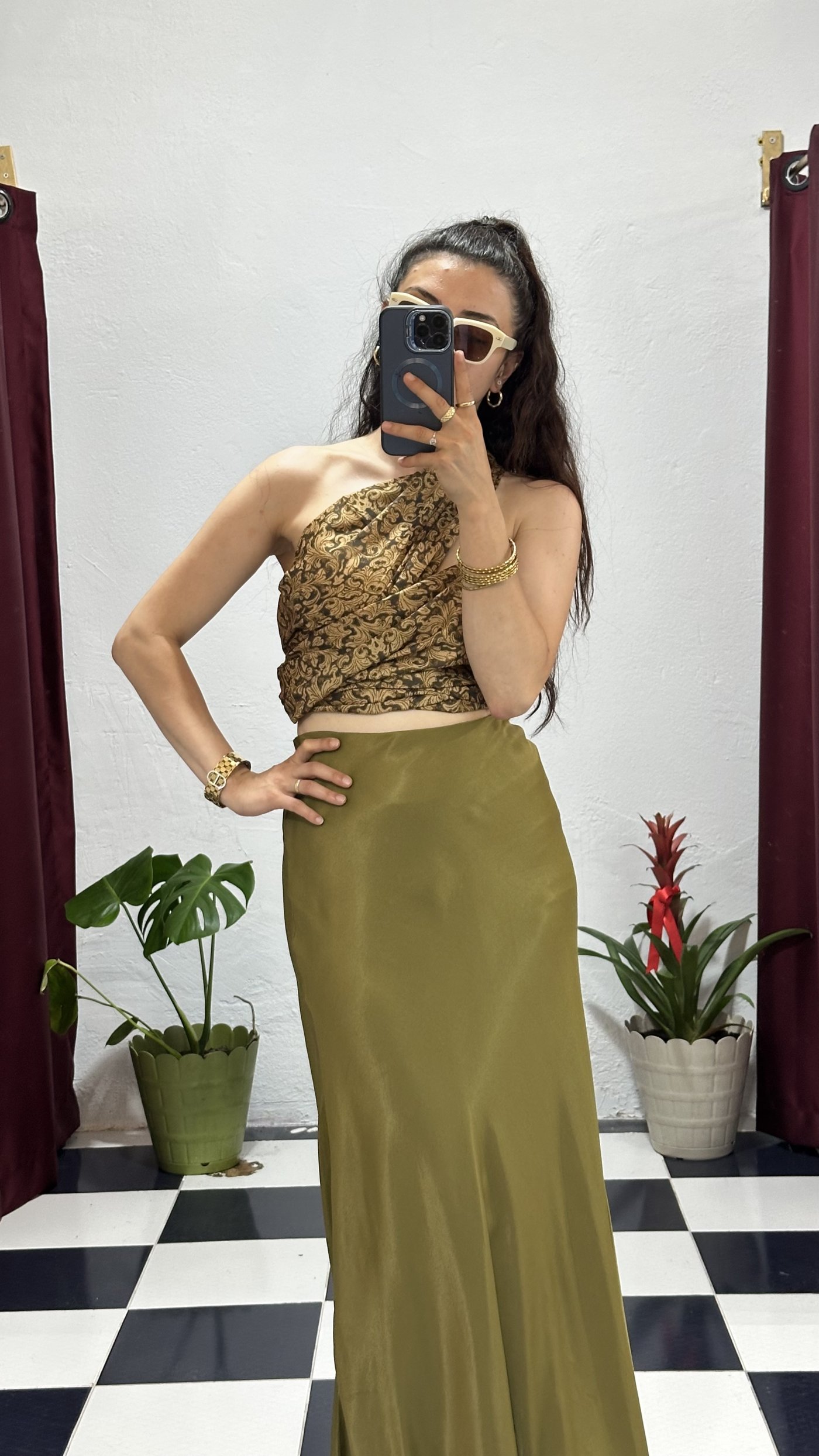 Haki Saten Maxi Etek