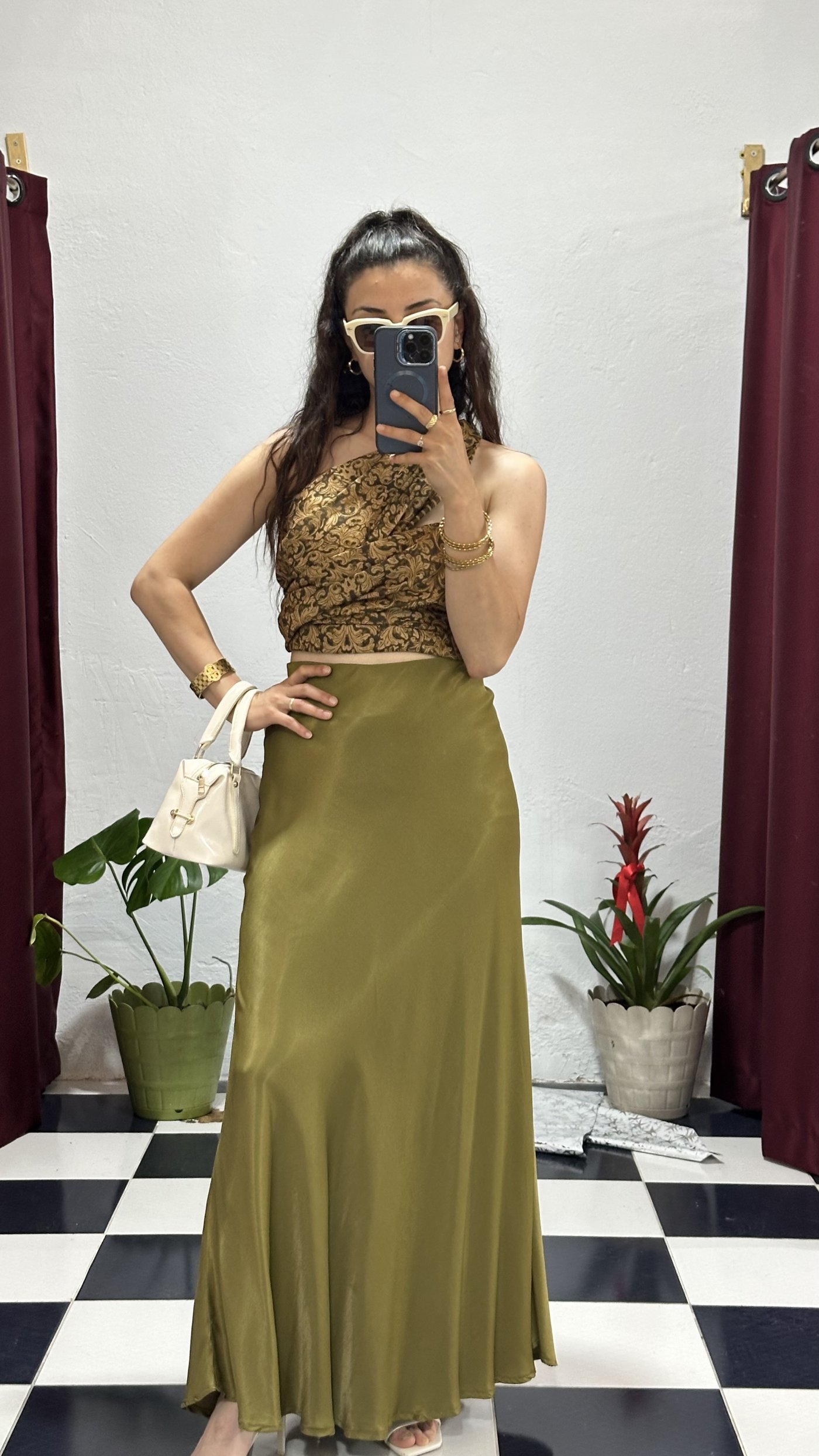 Haki Saten Maxi Etek