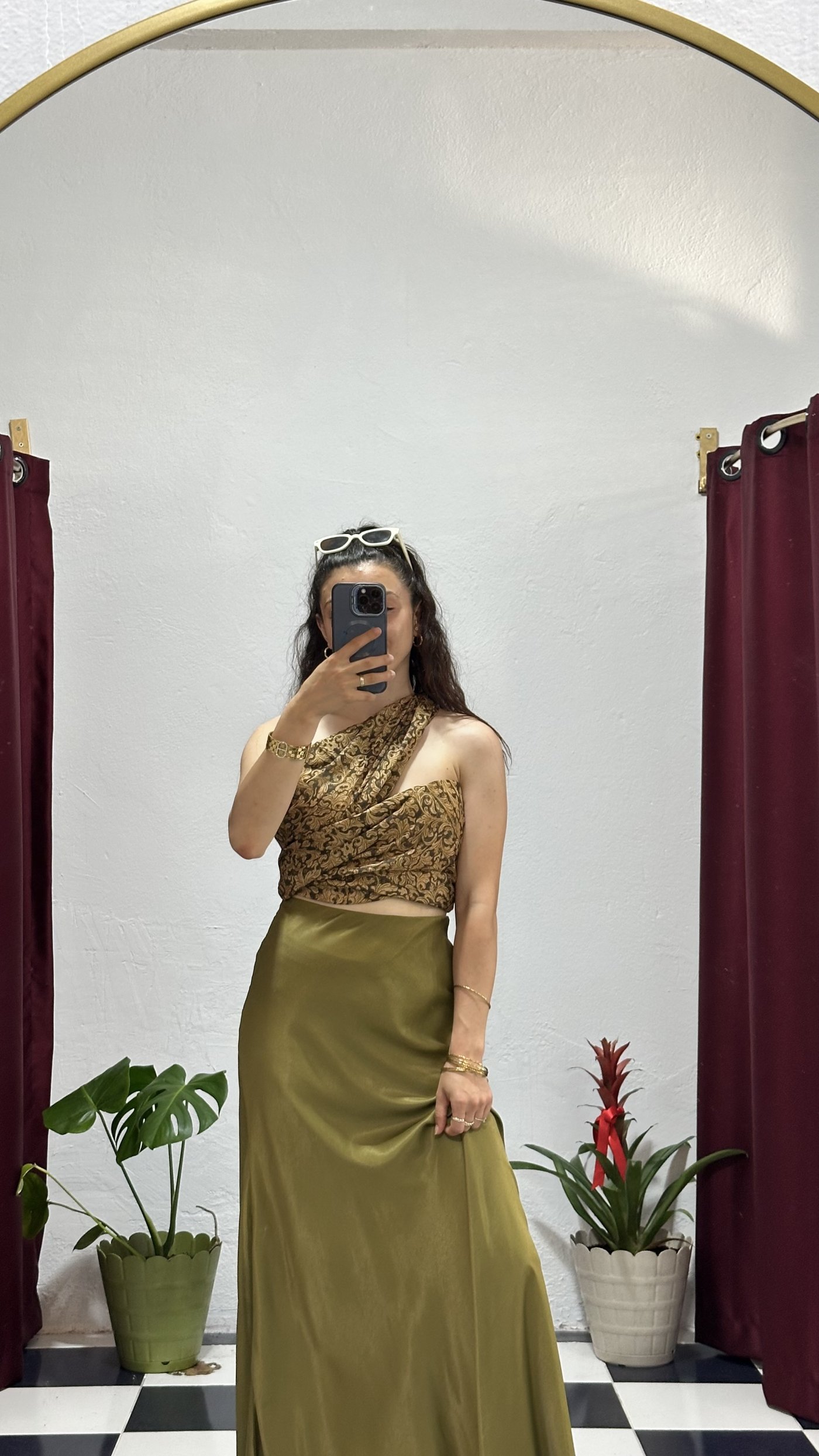 Haki Saten Maxi Etek