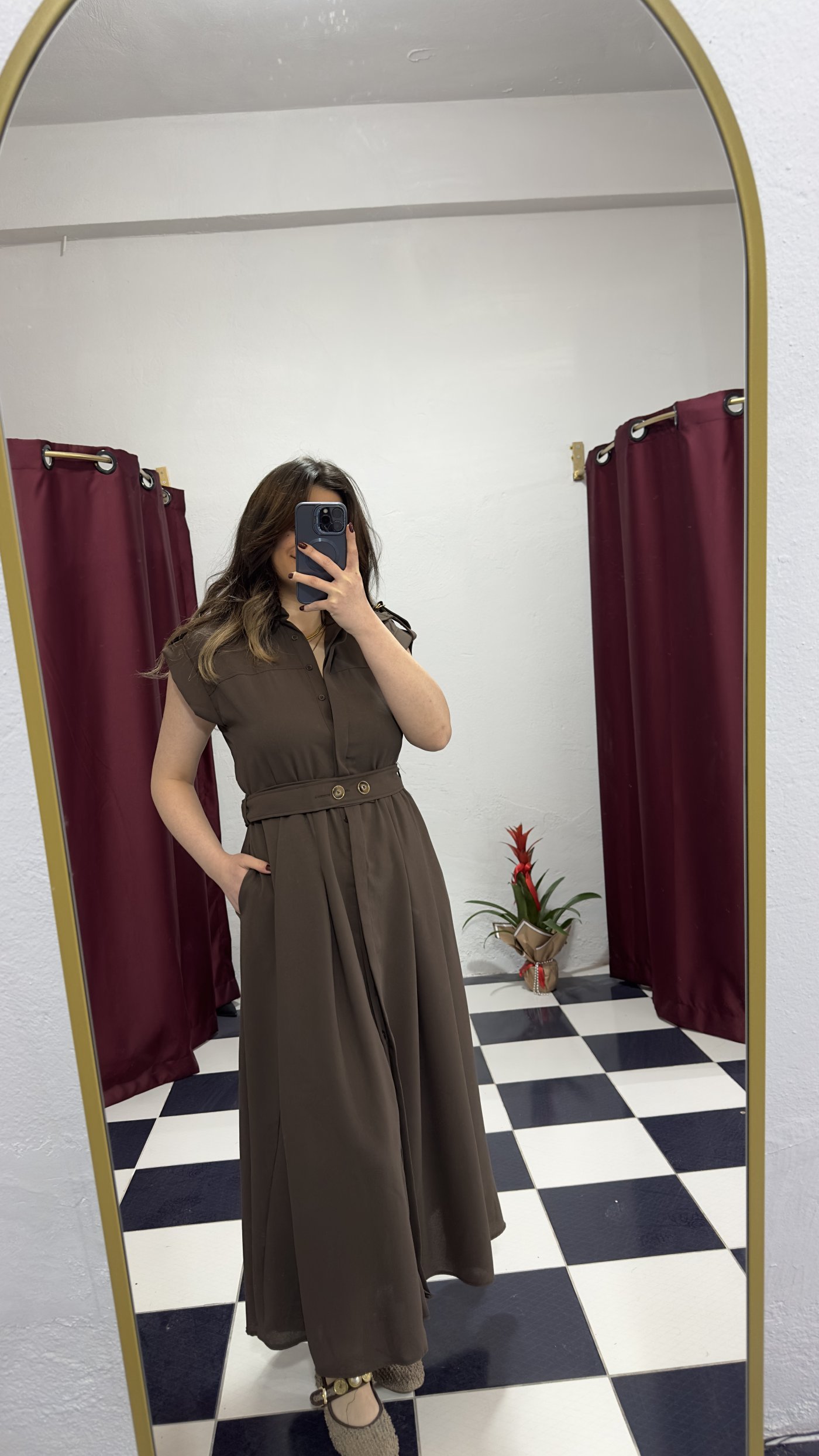 Kahve Kemer Detaylı Maxi Elbise