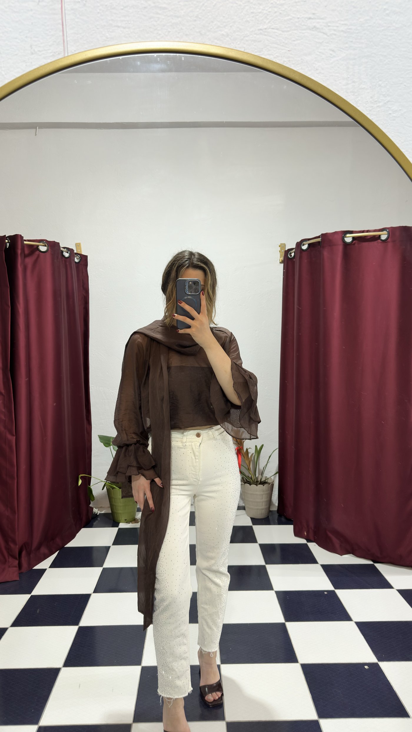 Kahve Şal Detaylı Organze Bluz