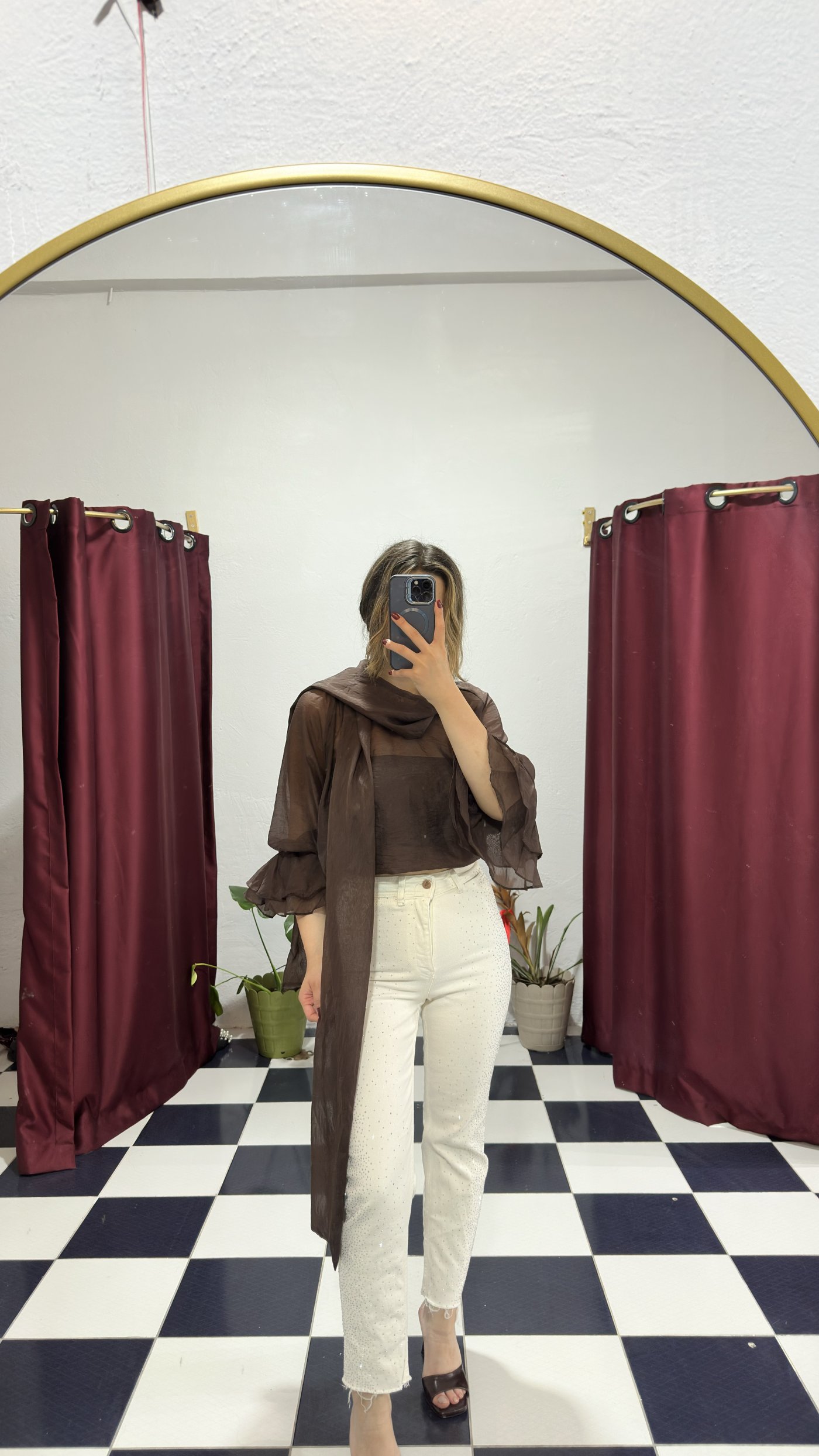 Kahve Şal Detaylı Organze Bluz