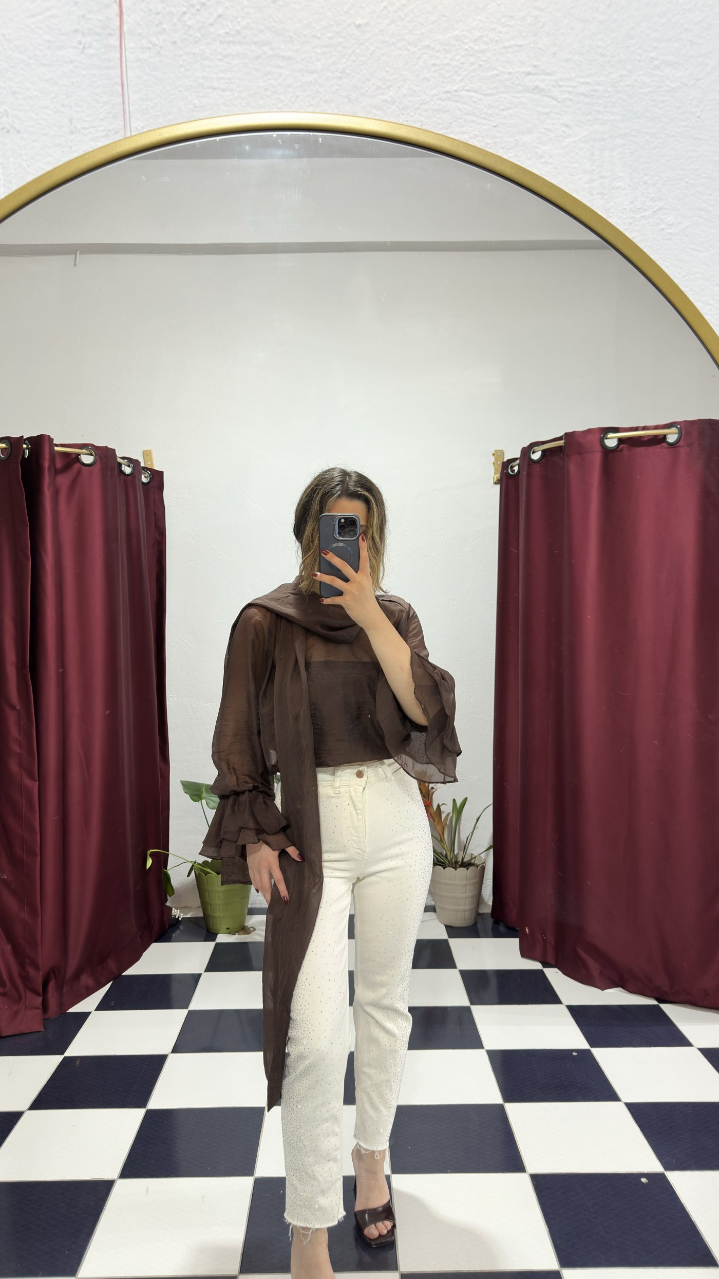 Kahve Şal Detaylı Organze Bluz