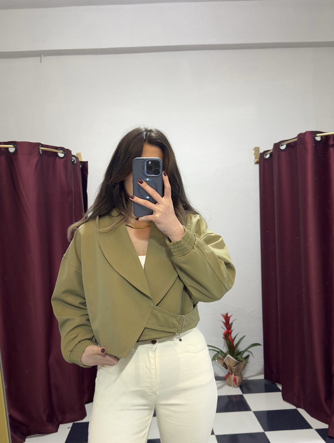 Kemer Detaylı Crop Ceket – Haki