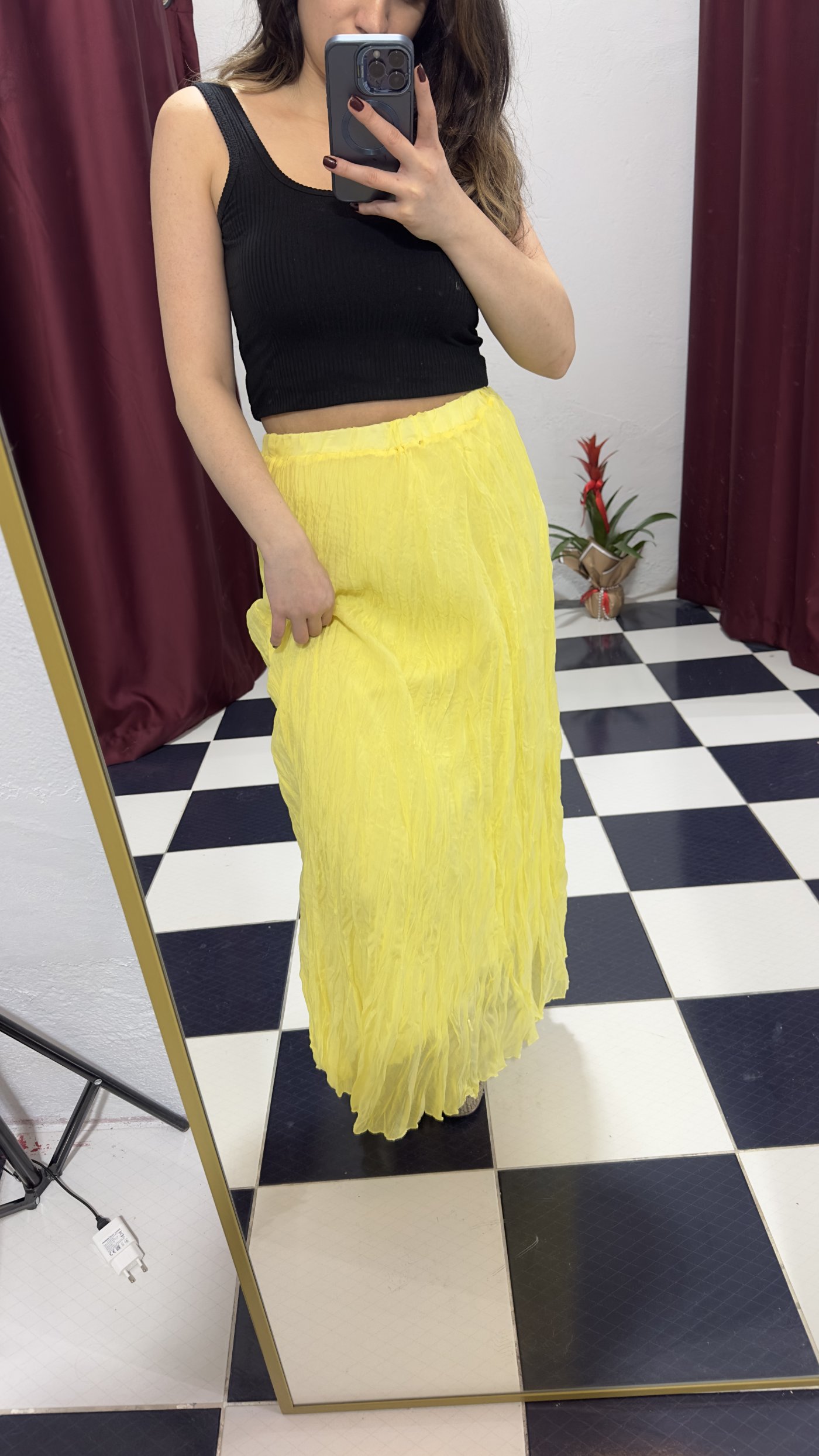 Kırışık Dokulu Maxi Etek – Sarı