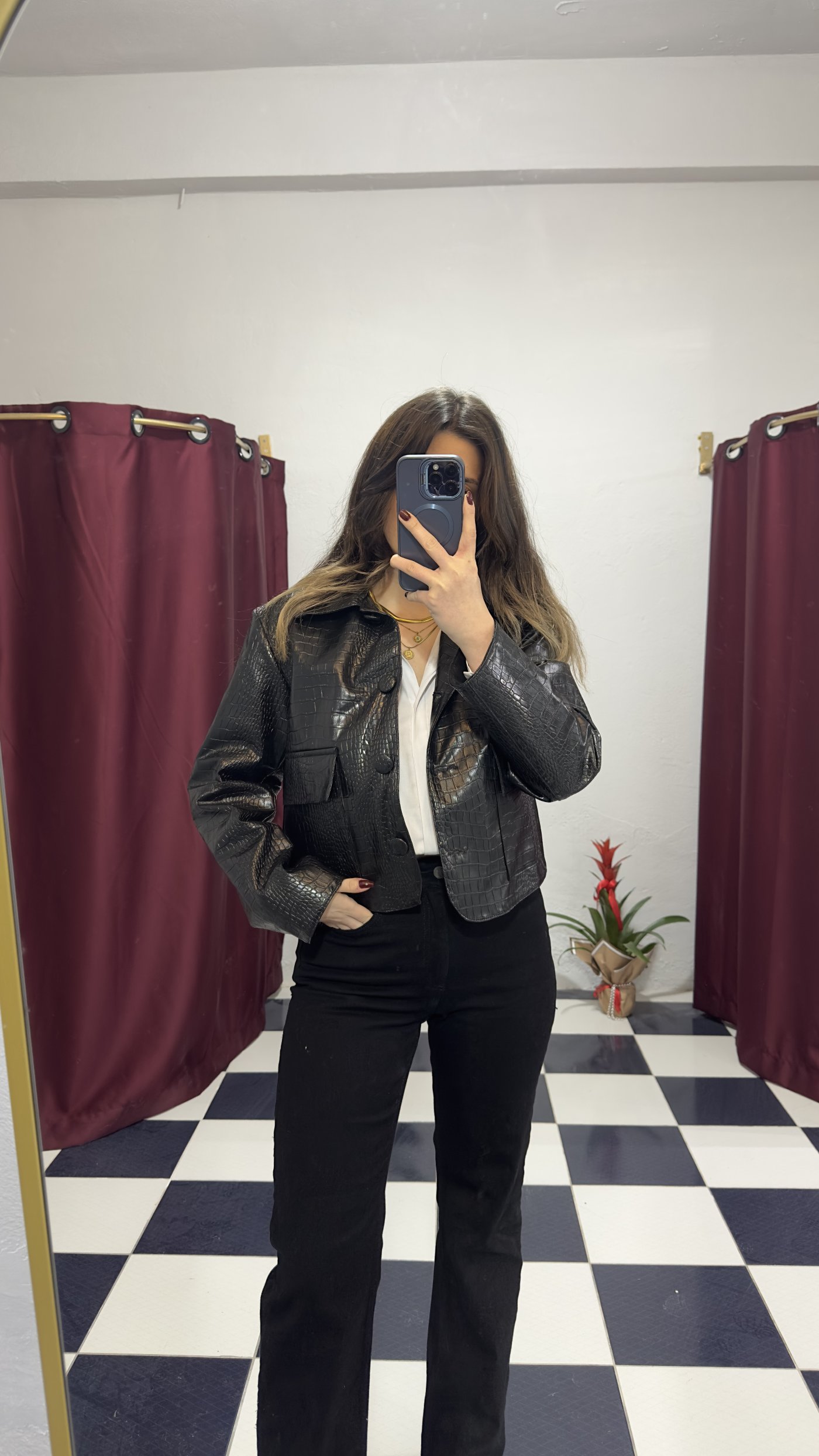 Kroko Desen Crop Deri Ceket