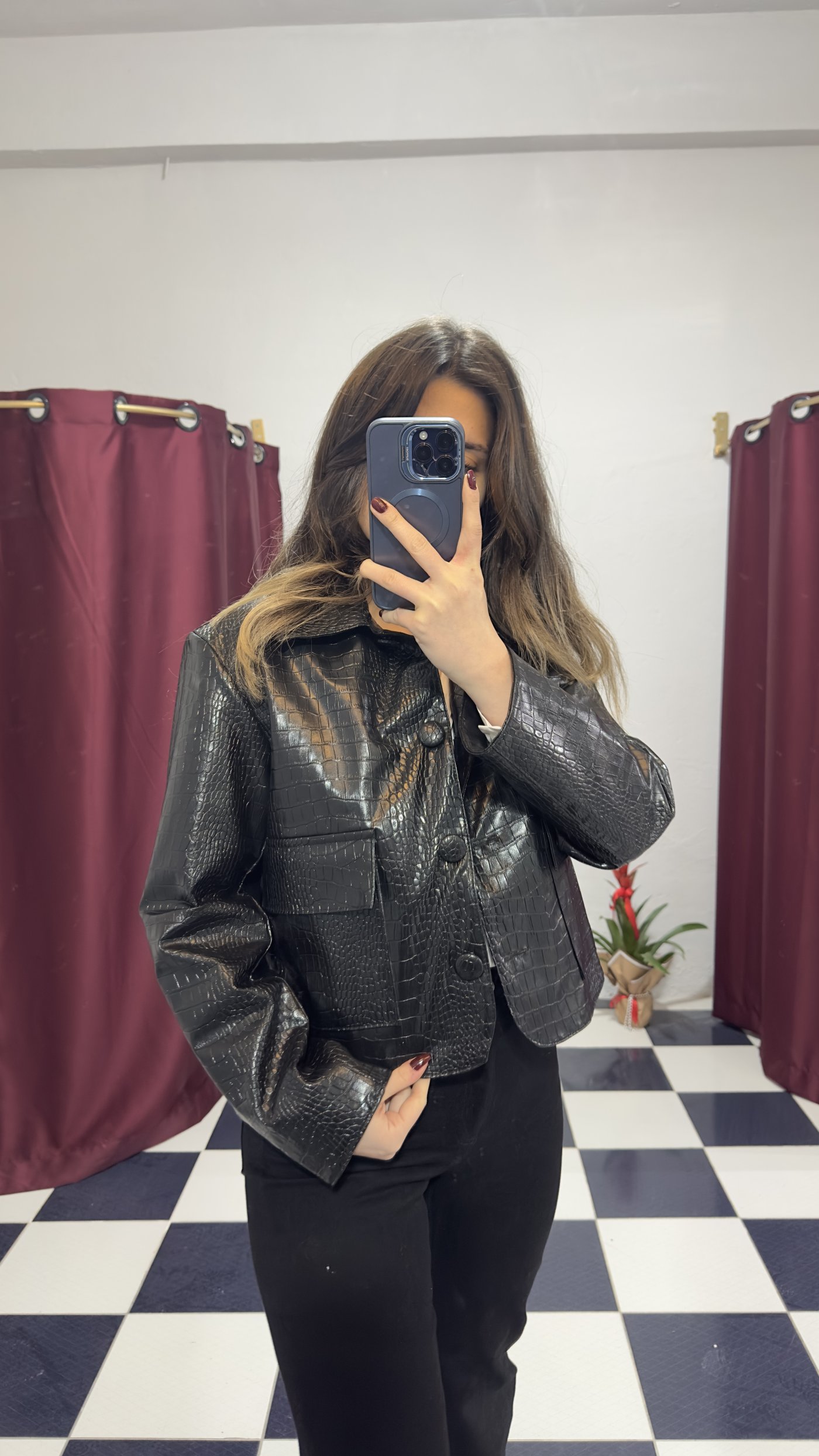 Kroko Desen Crop Deri Ceket