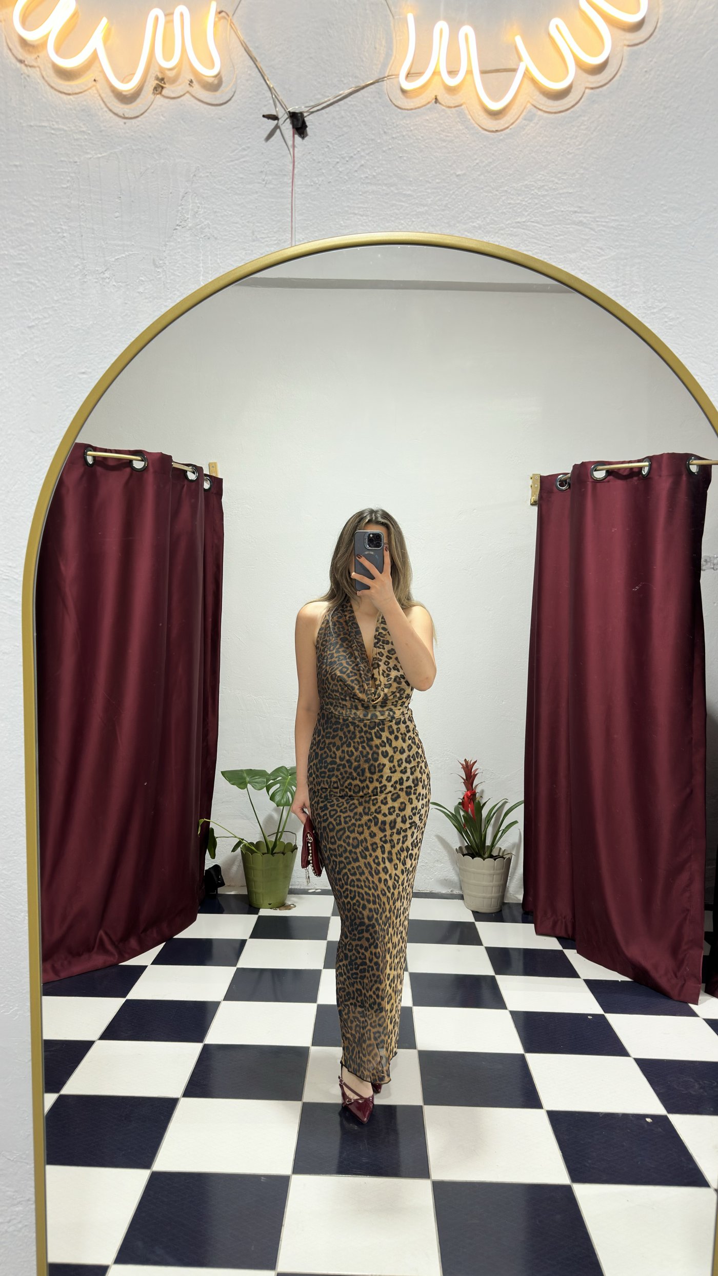 Leopar Desenli Degaje Yaka Maxi Elbise