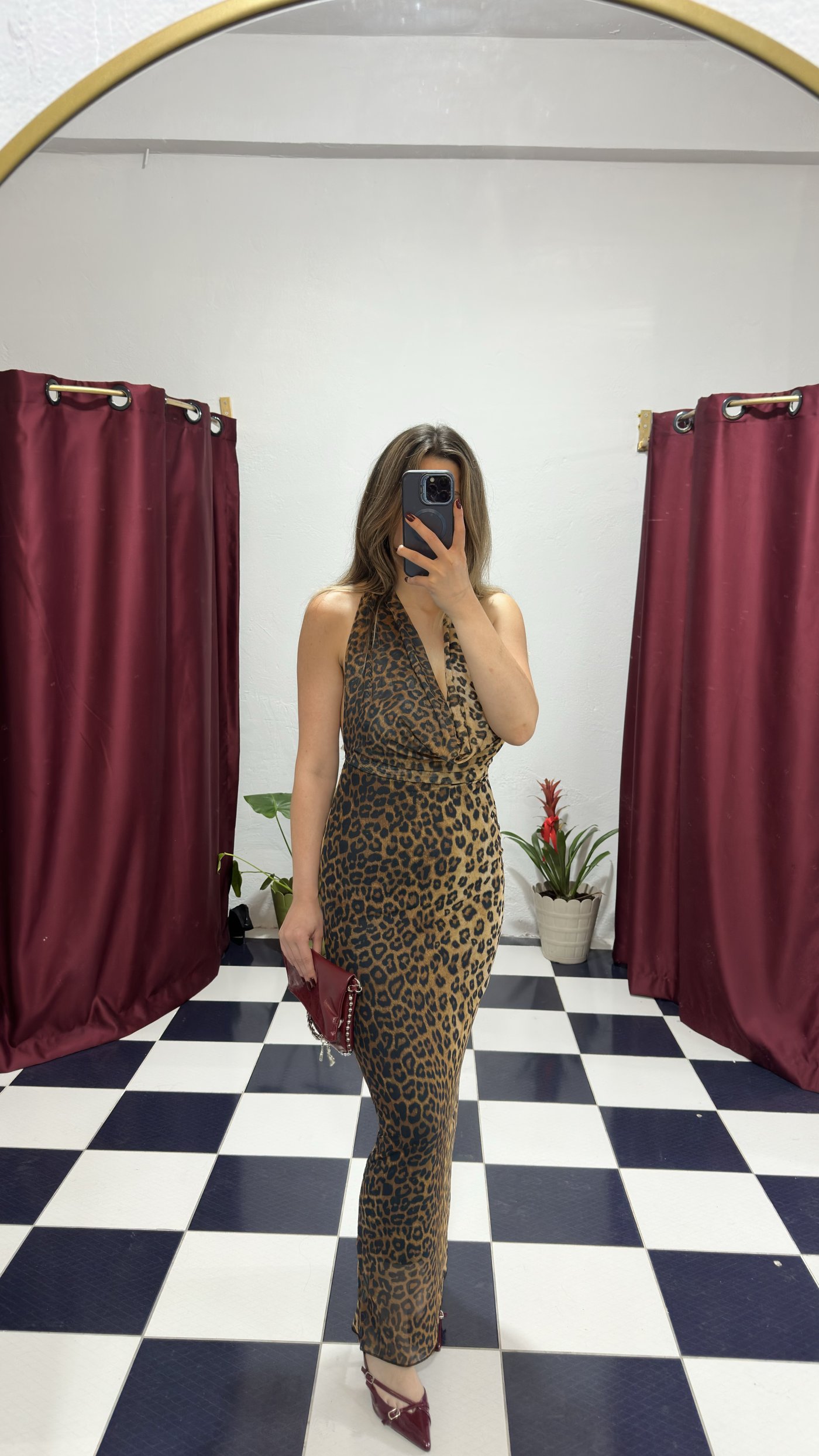 Leopar Desenli Degaje Yaka Maxi Elbise
