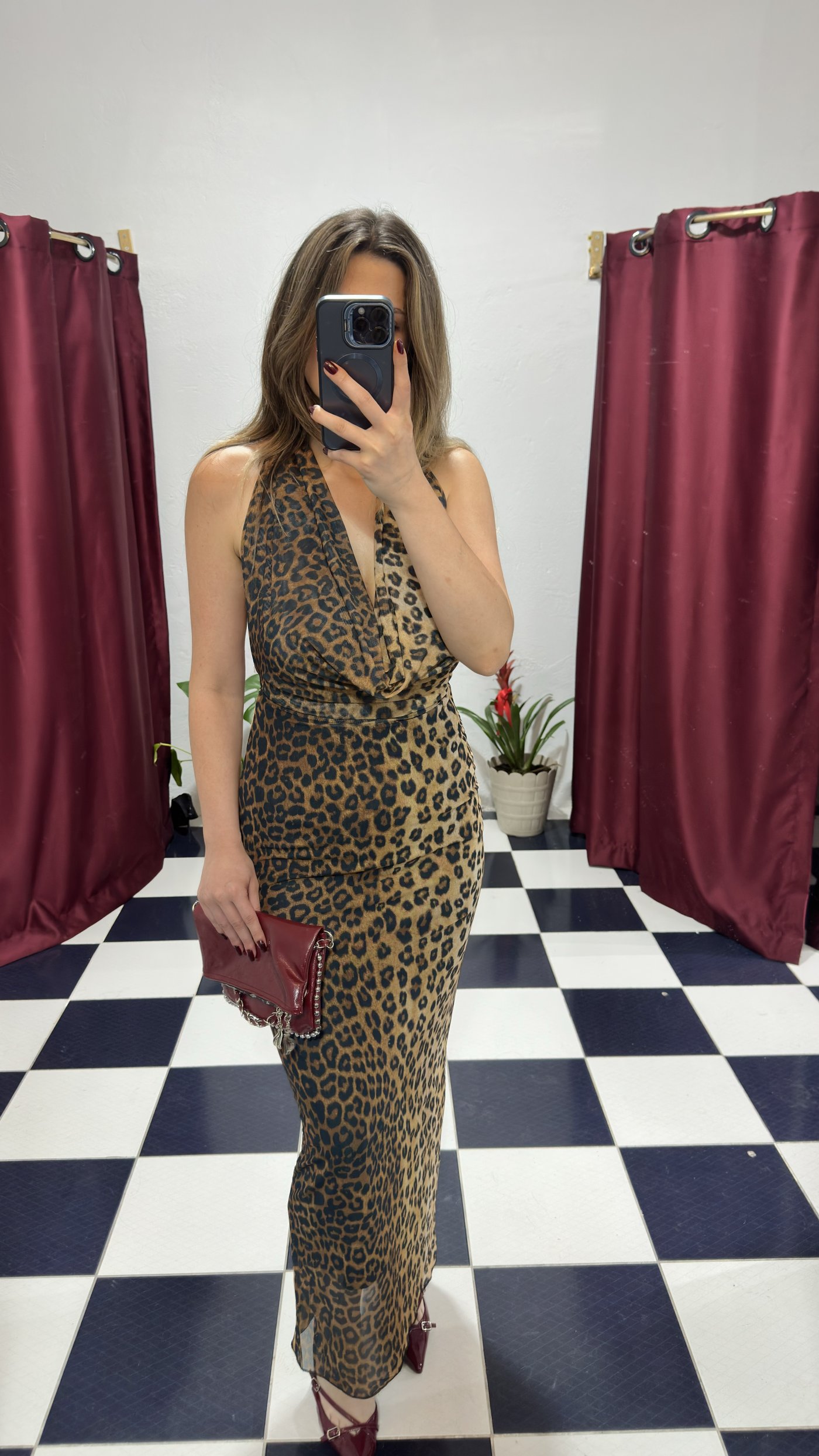 Leopar Desenli Degaje Yaka Maxi Elbise