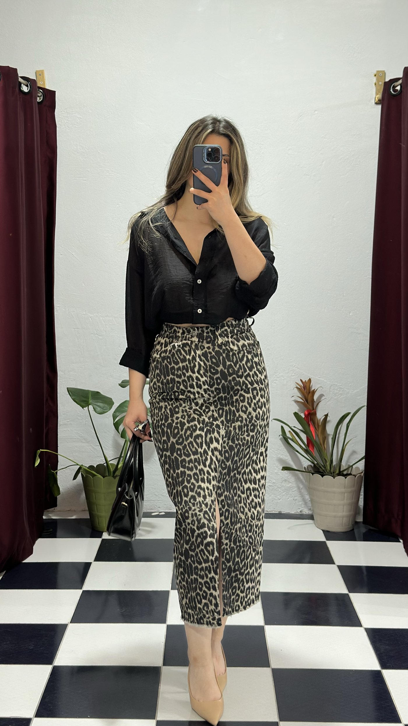 Leopar Desenli Yırtmaçlı Midi Etek
