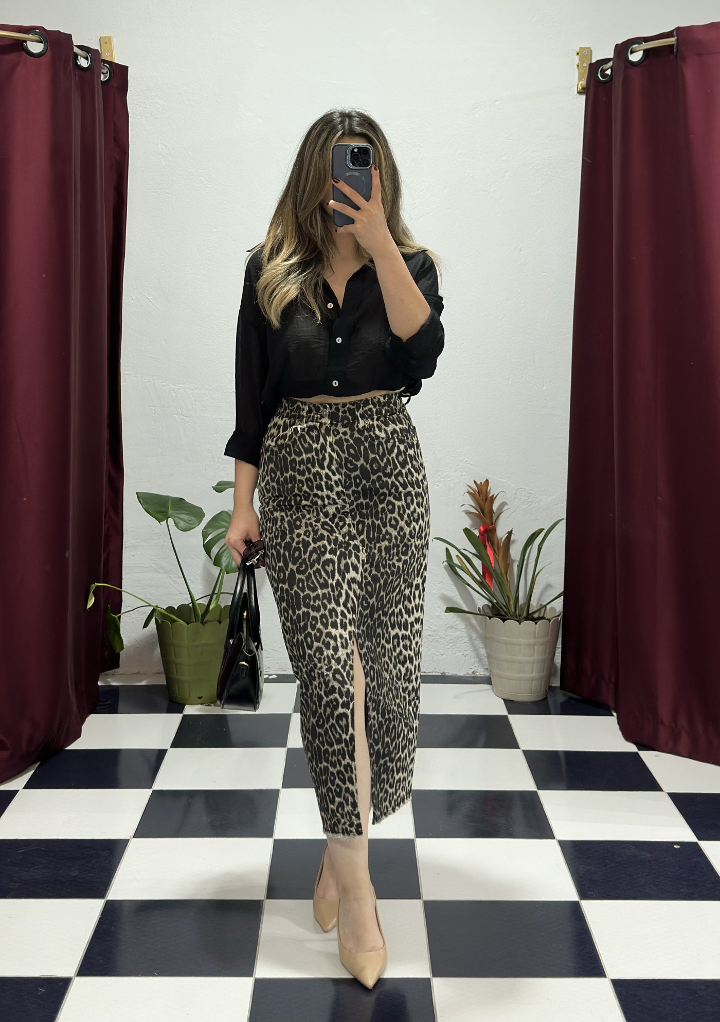 Leopar Desenli Yırtmaçlı Midi Etek