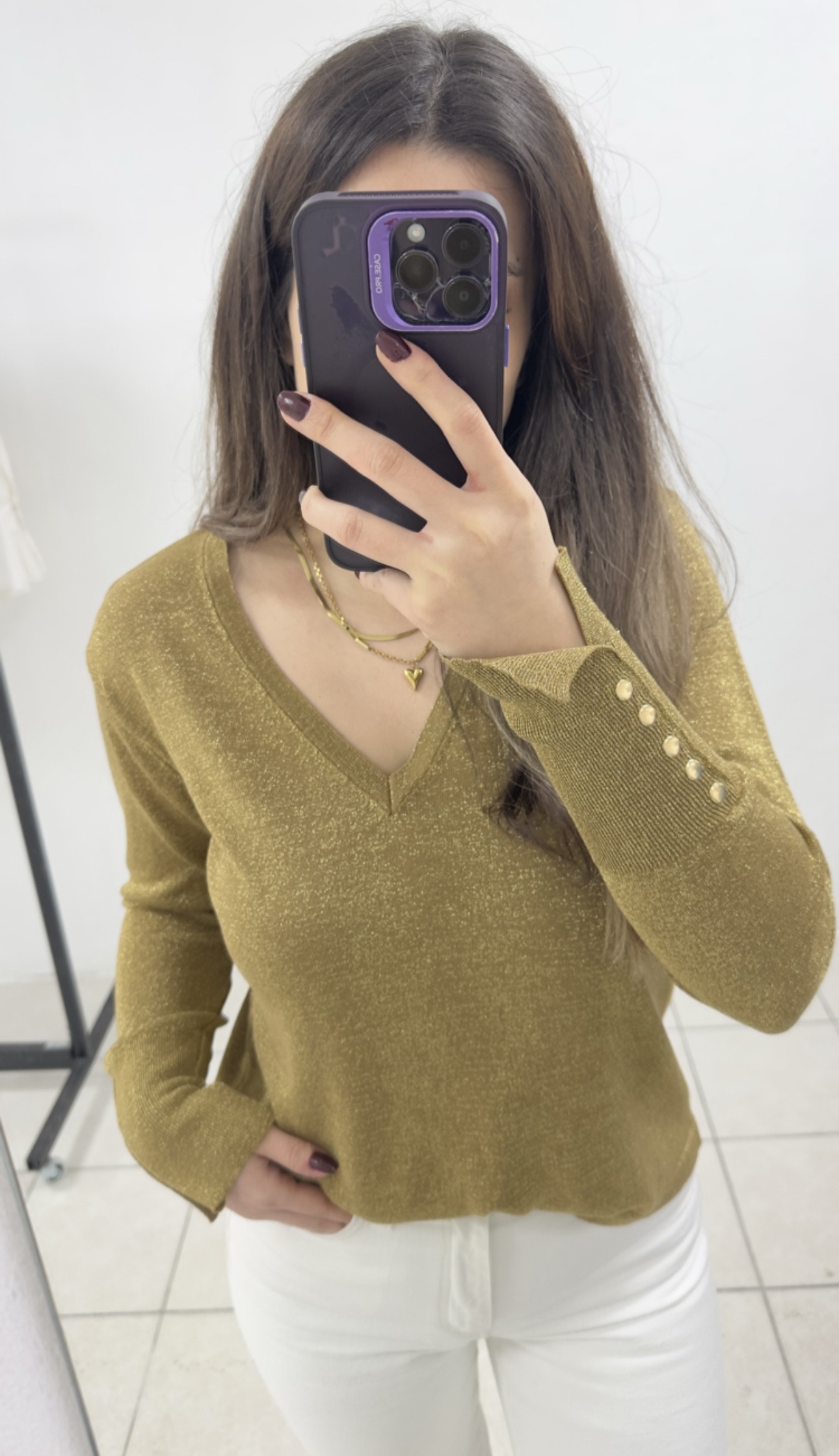 Simli Gold Triko Bluz – V Yaka