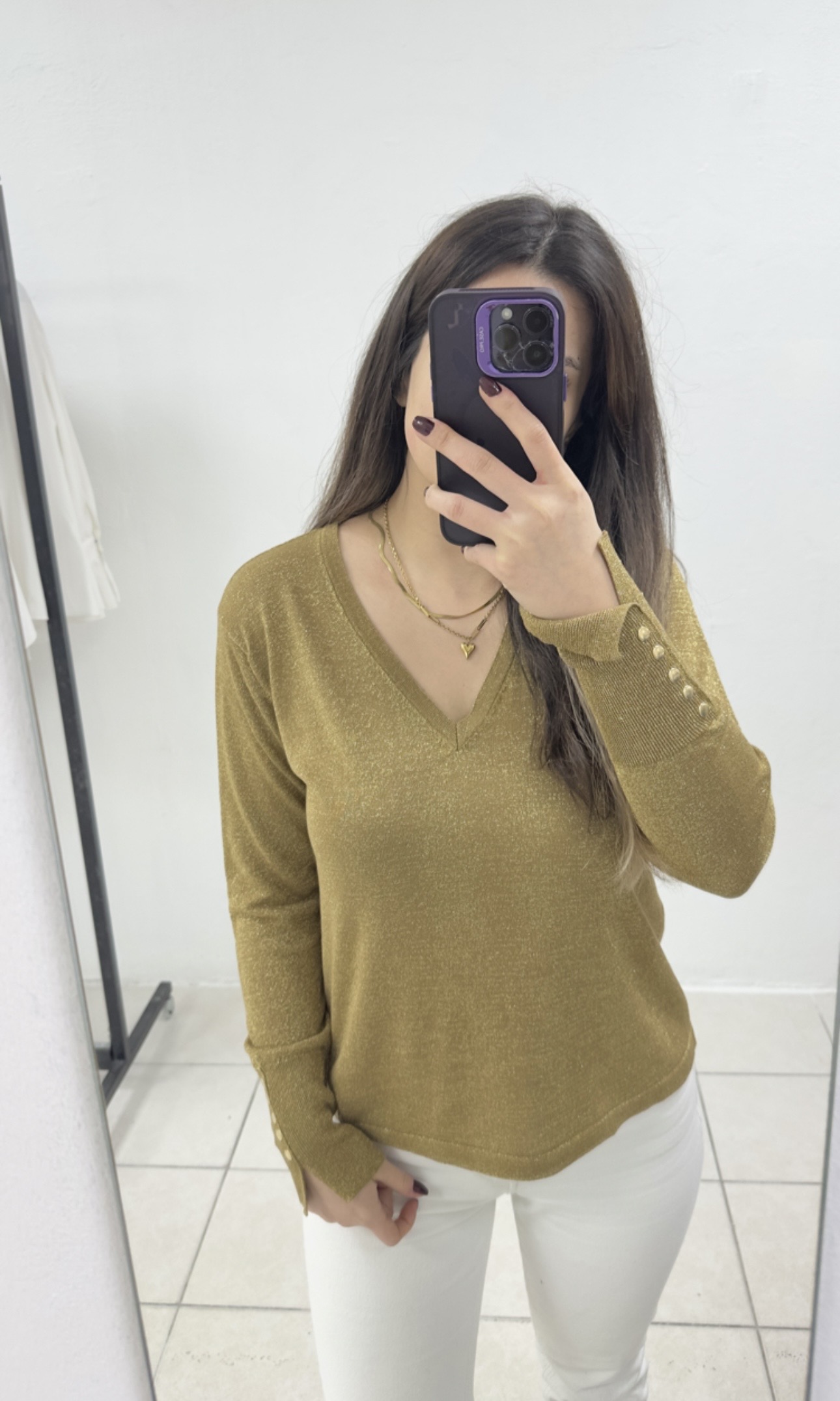 Simli Gold Triko Bluz – V Yaka