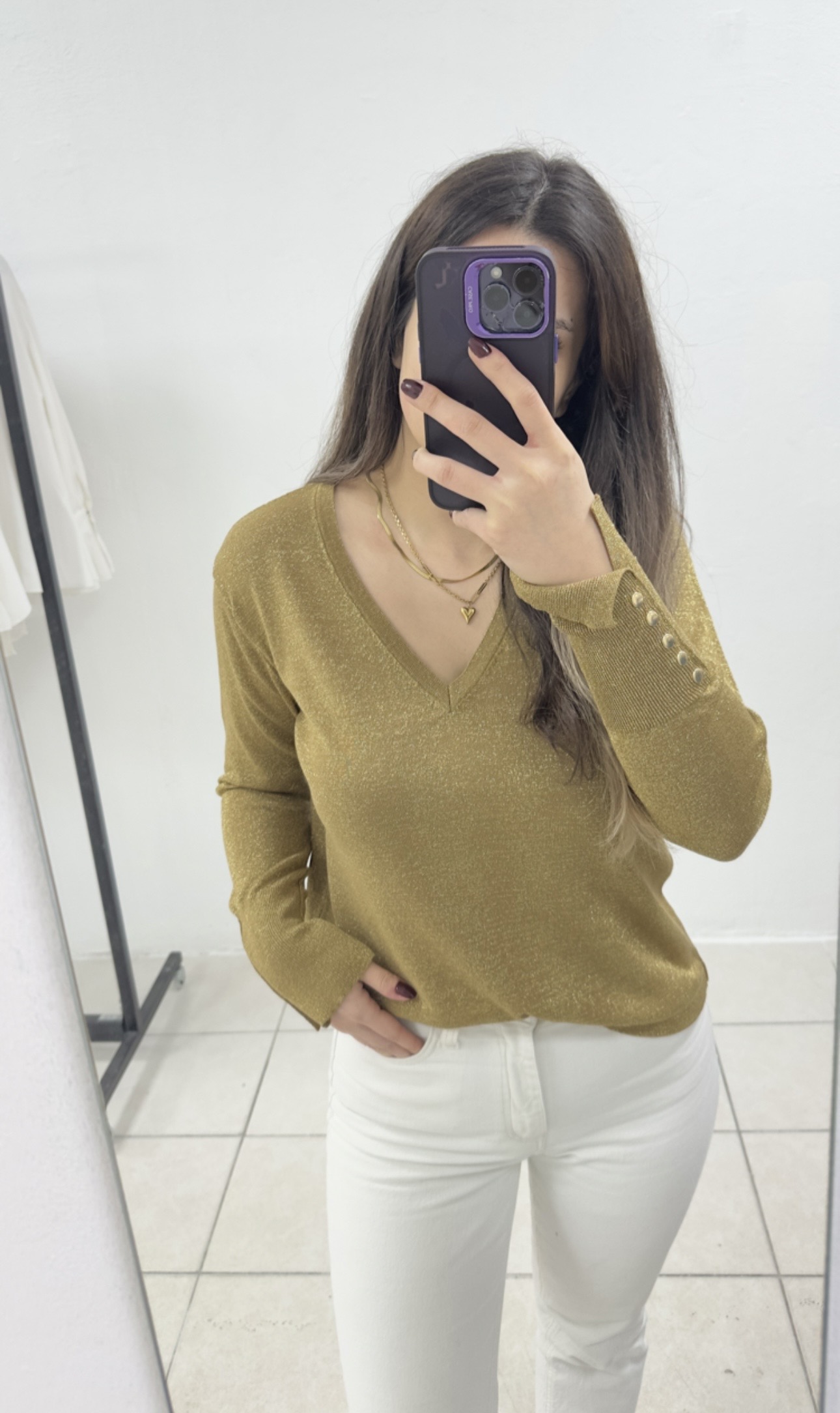 Simli Gold Triko Bluz – V Yaka